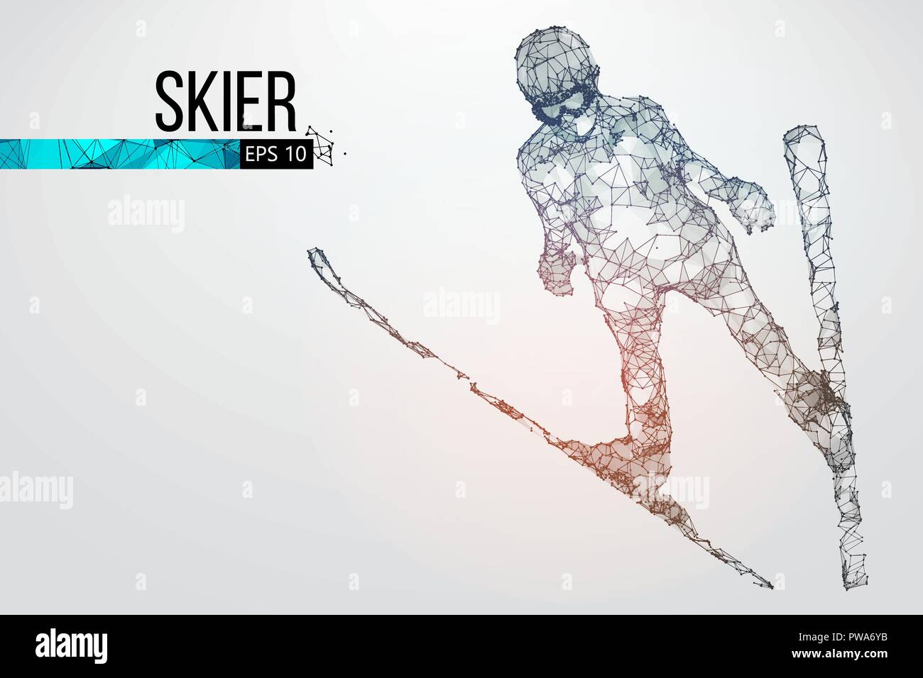 Silhouette eines Skifahrers isoliert springen. Punkte, Linien, Dreiecke, Text, Farbe, Effekte und Hintergrund auf einem separaten Layer, Farbe kann geändert werden, c Stock Vektor