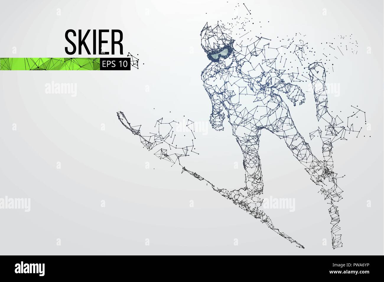 Silhouette eines Skifahrers isoliert springen. Punkte, Linien, Dreiecke, Text, Farbe, Effekte und Hintergrund auf einem separaten Layer, Farbe kann geändert werden, c Stock Vektor