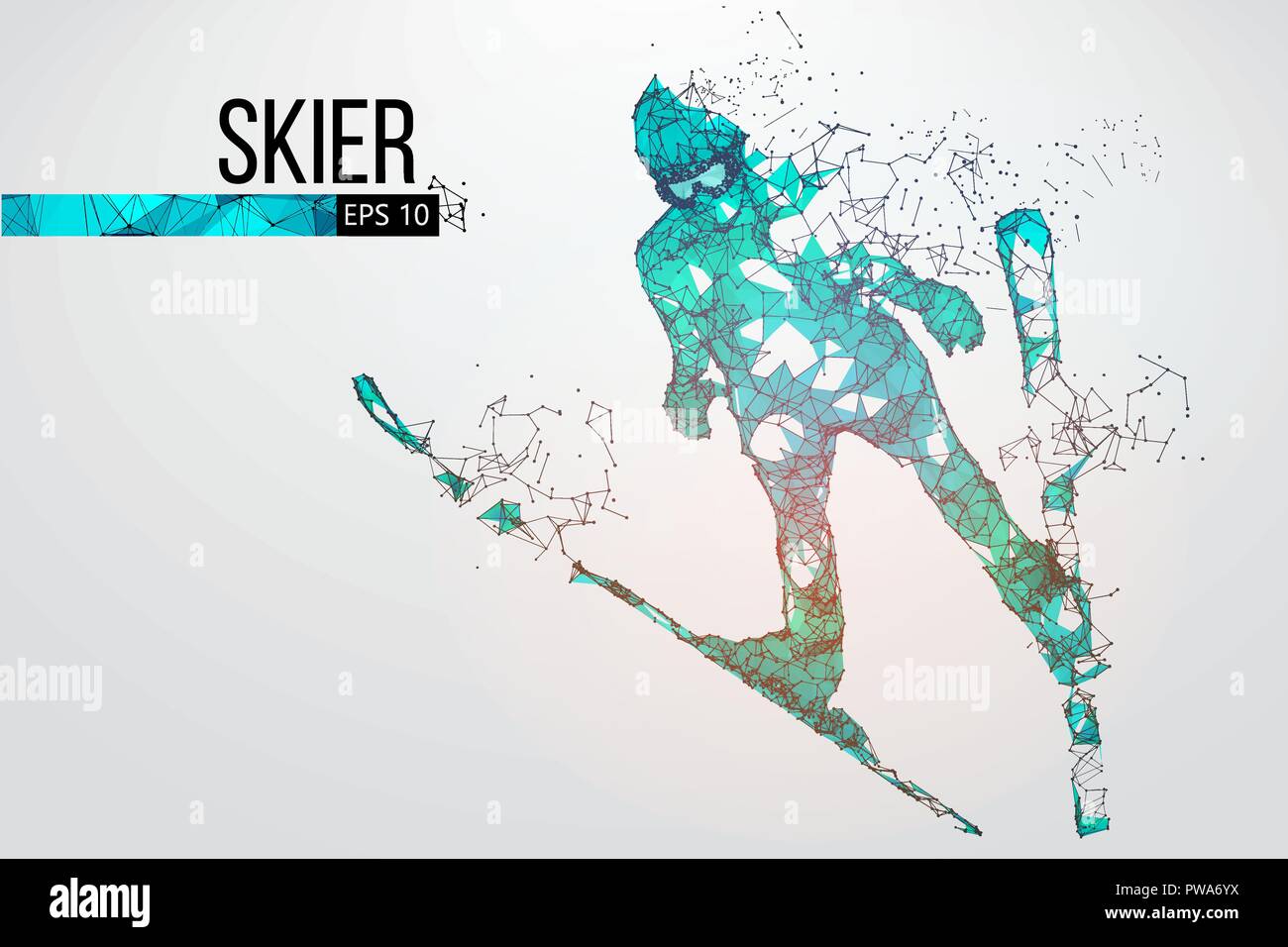 Silhouette eines Skifahrers isoliert springen. Punkte, Linien, Dreiecke, Text, Farbe, Effekte und Hintergrund auf einem separaten Layer, Farbe kann geändert werden, c Stock Vektor