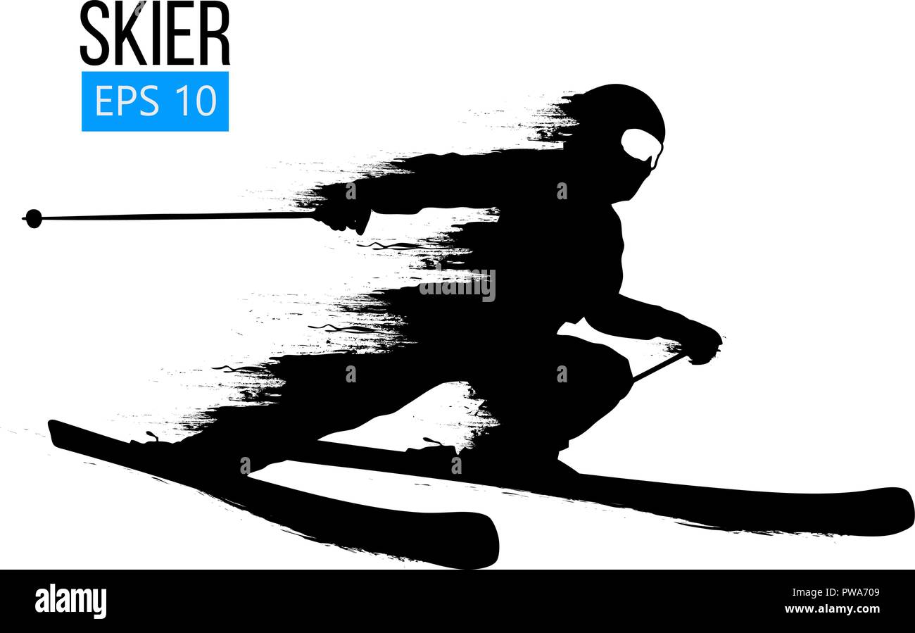 Silhouette eines Skifahrers isoliert springen. Hintergrund und Text auf einem separaten Layer, Farbe kann mit einem Klick geändert werden. Vector Illustration Stock Vektor