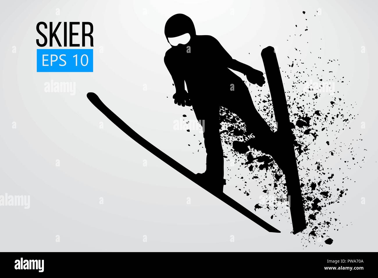 Silhouette eines Skifahrers isoliert springen. Hintergrund und Text auf einem separaten Layer, Farbe kann mit einem Klick geändert werden. Vector Illustration Stock Vektor