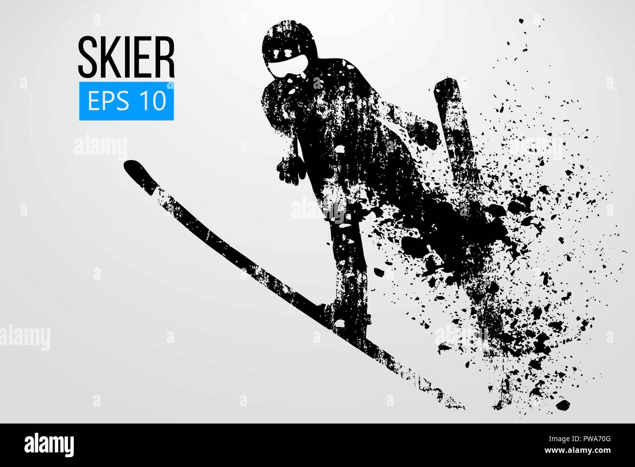 Silhouette eines Skifahrers isoliert springen. Hintergrund und Text auf einem separaten Layer, Farbe kann mit einem Klick geändert werden. Vector Illustration Stock Vektor