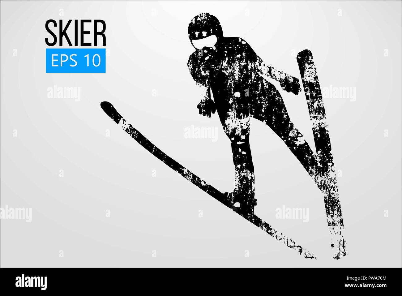 Silhouette eines Skifahrers isoliert springen. Hintergrund und Text auf einem separaten Layer, Farbe kann mit einem Klick geändert werden. Vector Illustration Stock Vektor