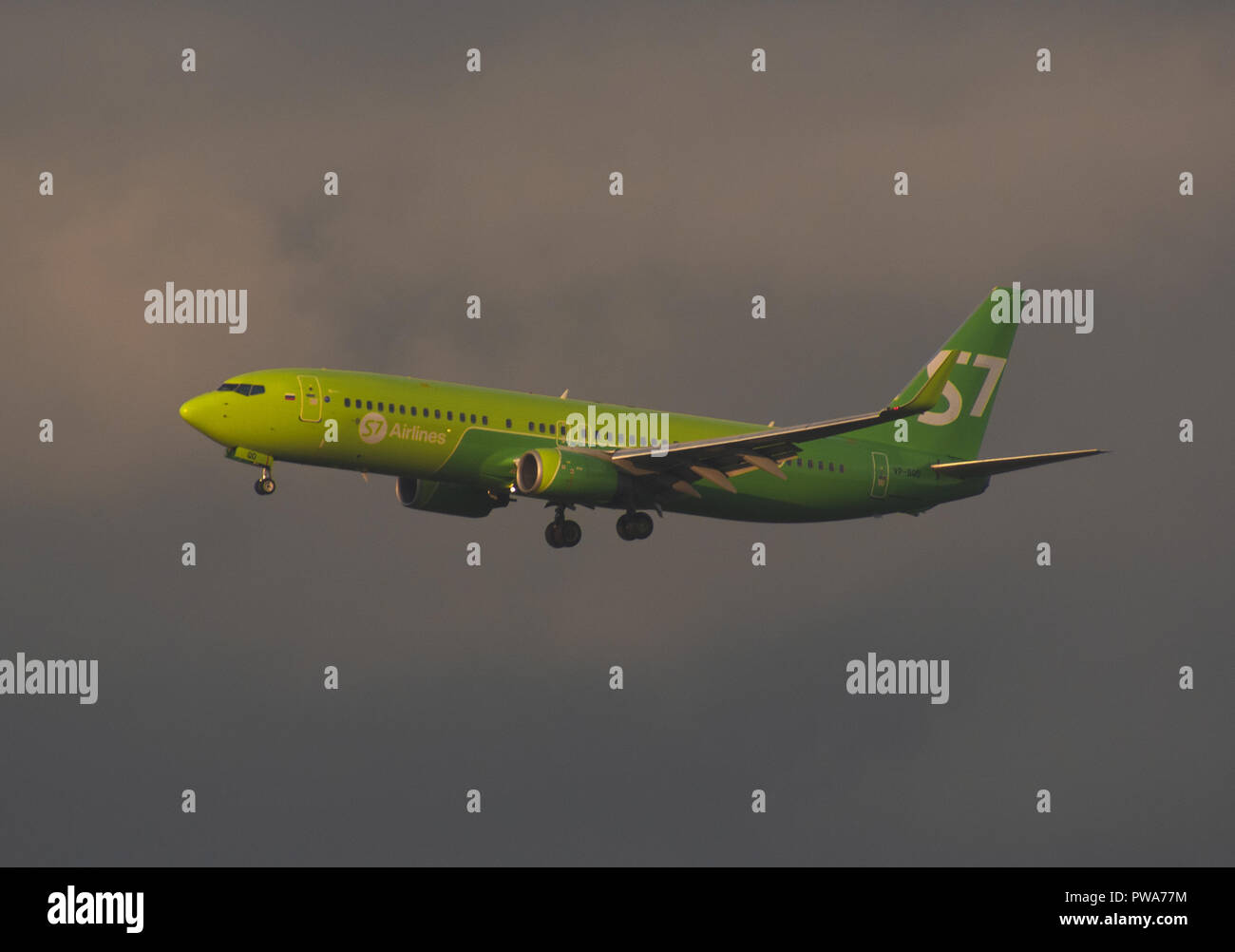 Vom 8. Juli 2018 Russland, Moskau. Die Flugzeuge des Typs Boeing 737 der nächsten Generation S7 Airlines ist der Landung am Flughafen Domodedovo. Stockfoto