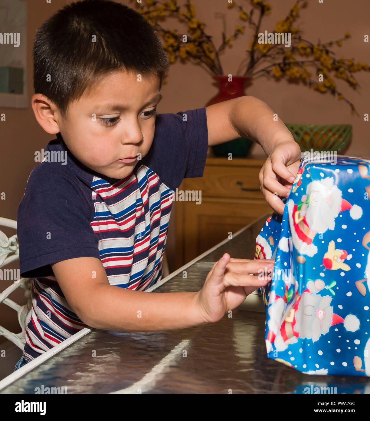 Junge Kind wickeln Weihnachtsgeschenk. Serie von 7 Bildern. Herr © Myrleen Pearson... Ferguson Cate Stockfoto