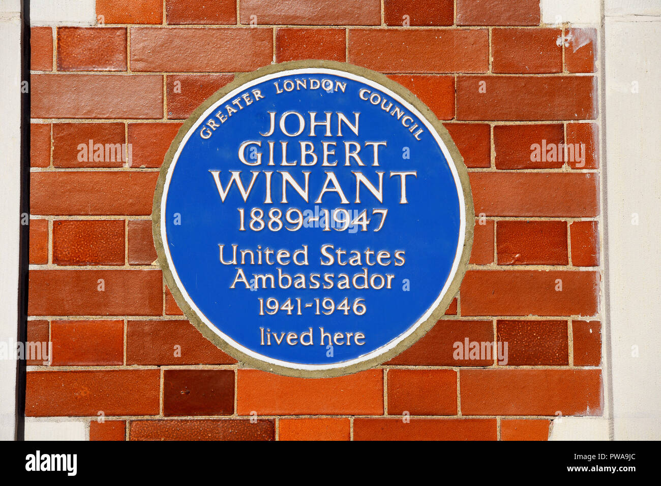 John Gilbert Winant blaue Plakette. Der US-Botschafter in Großbritannien, aldford St, mayfair, Westminster, London, England, UK. Wand. Greater London Council Stockfoto