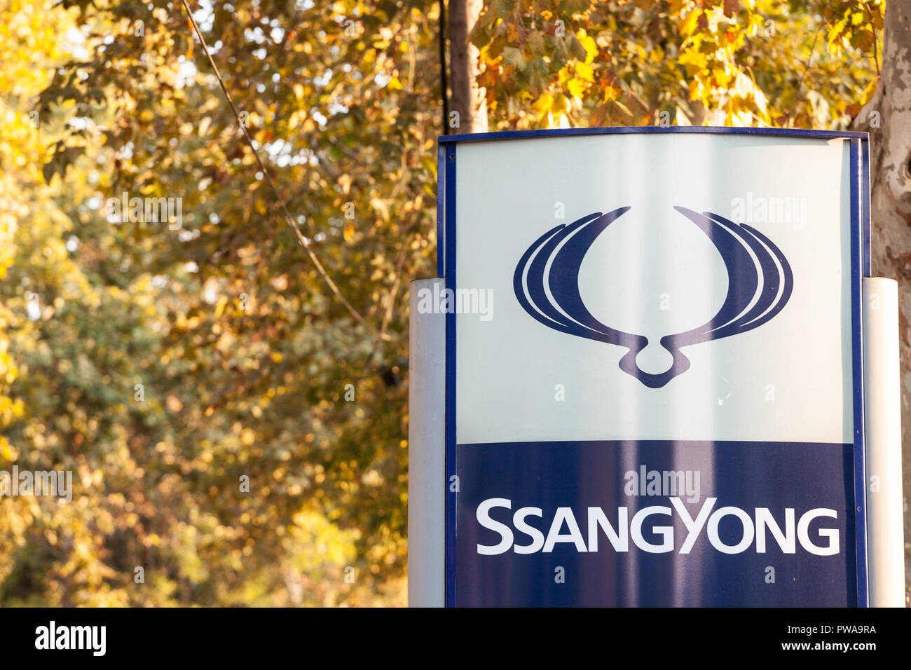 Belgrad, SERBIEN - OKTOBER 9, 2018: Ssangyong Logo auf ihren wichtigsten Händler store Belgrad. Ssangyong ist eine Südkoreanische Automobil- und Fahrzeugbau Stockfoto