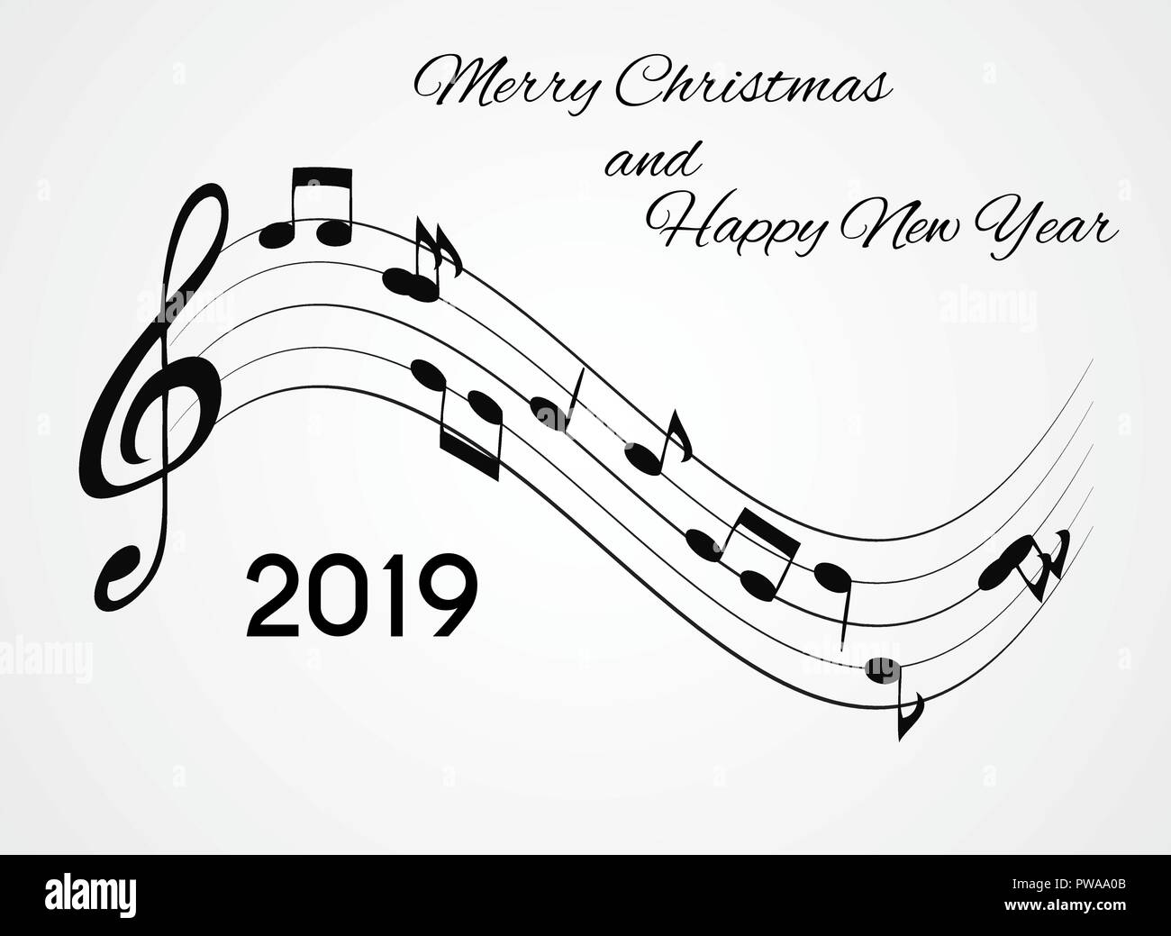 2019 Frohes Neues Jahr und Frohe Weihnachten auf abstrakte Musik Hintergrund. Vector Illustration Stock Vektor