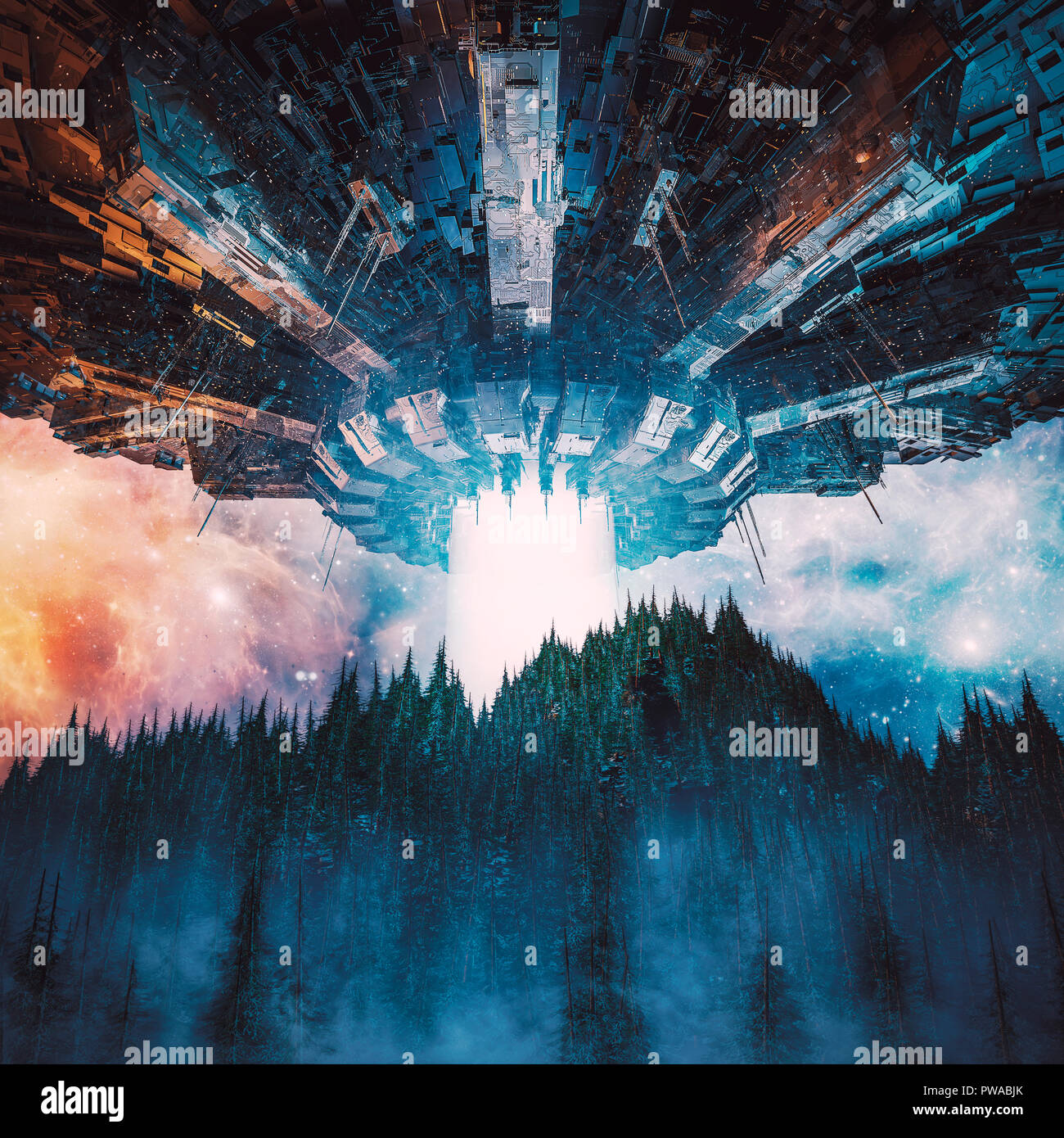 Die Invasion beginnt/3D-Darstellung der science fiction Szene mit riesigen außerirdisches Raumschiff schweben im Himmel über bewaldete Berglandschaft bei Nacht Stockfoto