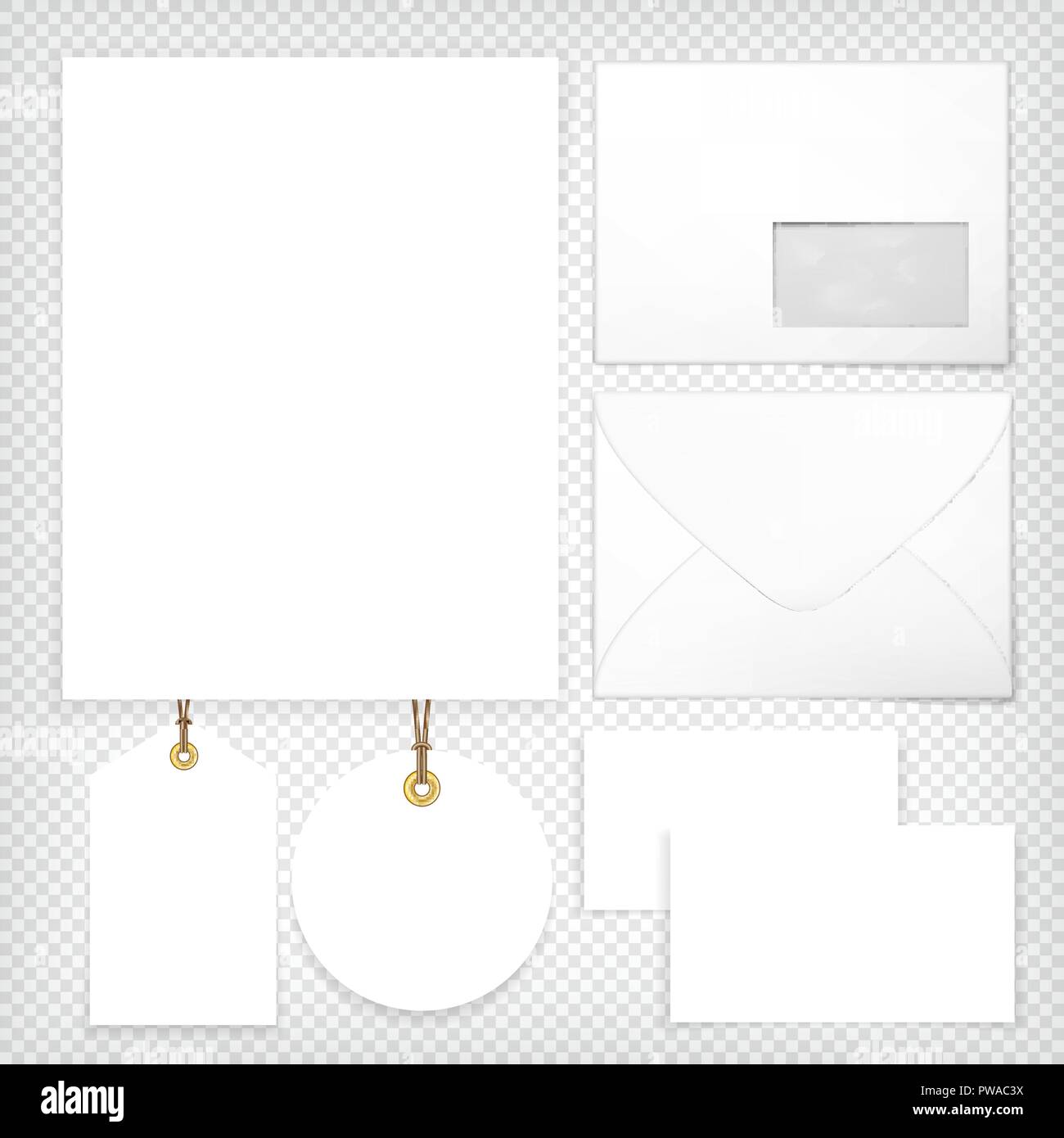 Leeren Umschlag hinten Front, transparente Fenster, A4 Papier, business card Template, runde Verkauf Tag mockup. Grafik Design Element. Corporate Identity, shopping Verkauf Einladung Flyer. Vector Illustration Stock Vektor