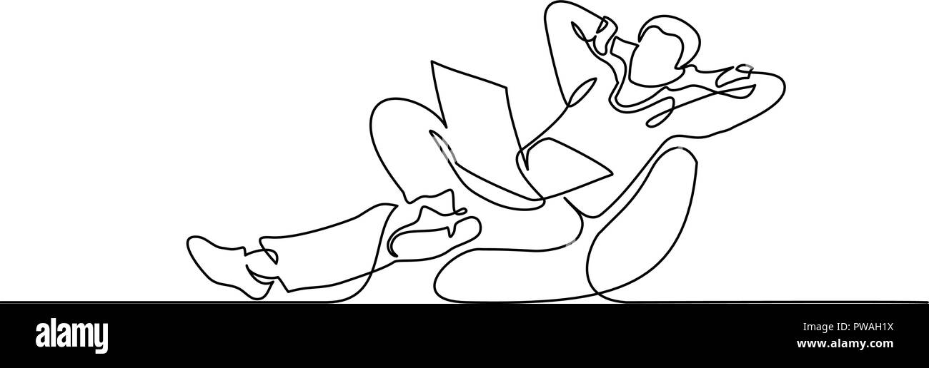 Kontinuierliche eine Linie zeichnen. Junger Mann im Sessel sitzt mit Laptop. Vector Illustration Stock Vektor