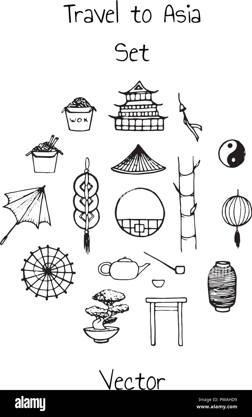 Vektor asiatischen eingestellt. Mit orientalischen Elementen Konturen: Schirme, japanische glückliche Katzen, Münzen, Laternen, Bonsai, torii Tore, Nudeln, traditionelle hat Stock Vektor