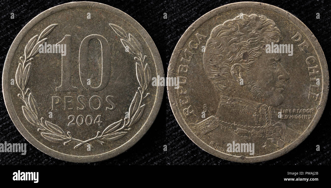 10 Pesos Münze, Bernardo O'Higgins, Chile, 2004 Stockfoto
