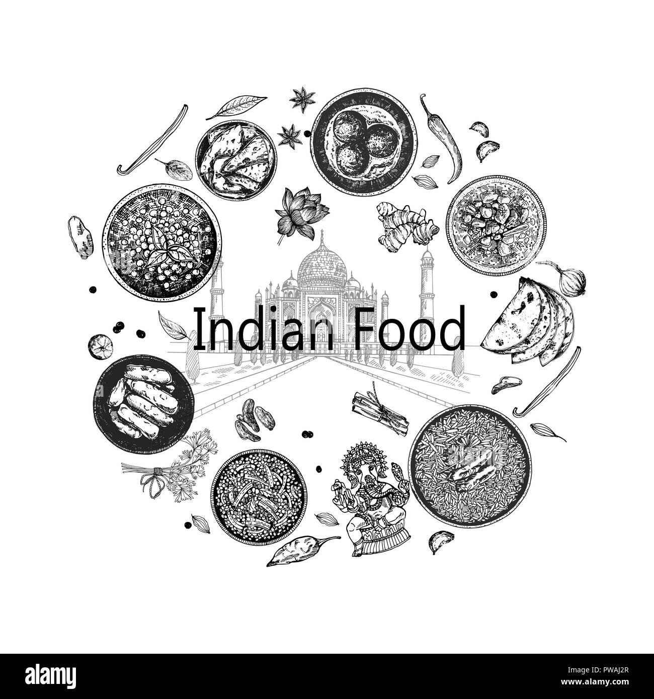 Hand gezeichnete Skizze Stil indisches Essen. Isolierte Vector Illustration. Stock Vektor