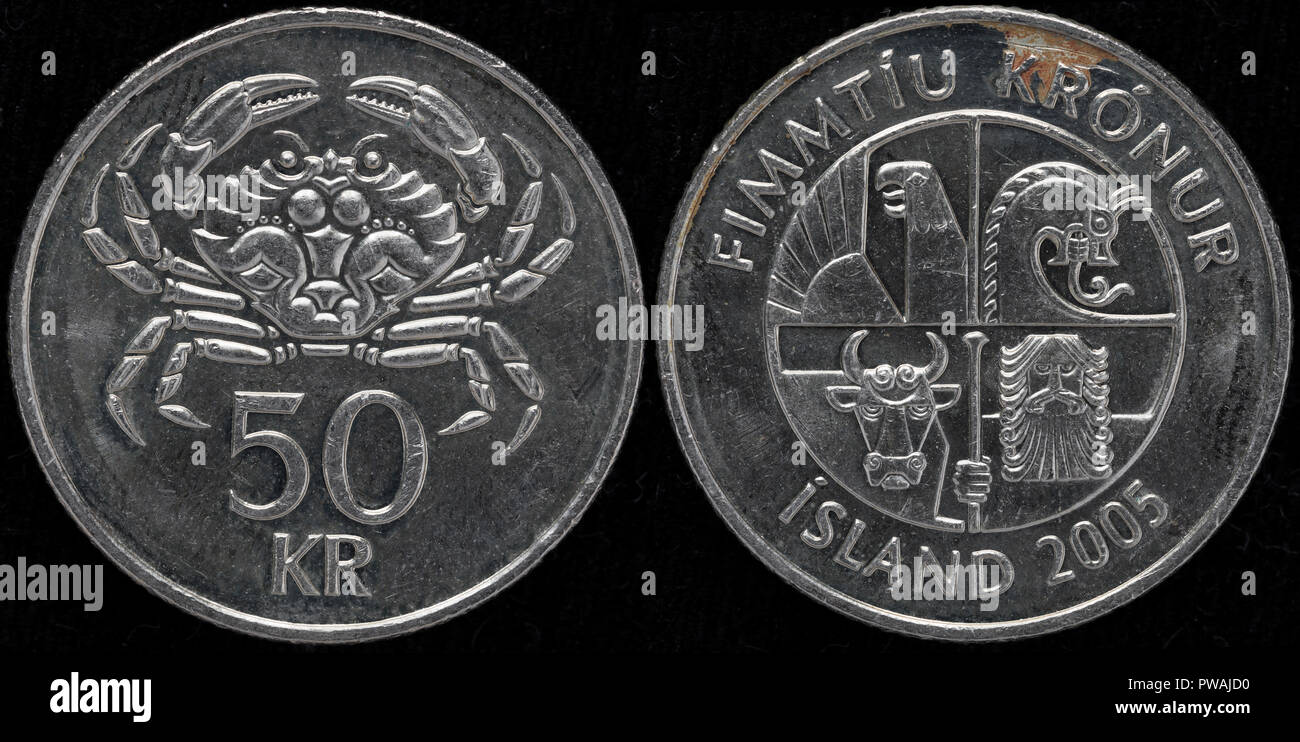 50 kronur Münze, Shore Crab, Carcinus maenas, Island, 2005 Stockfoto