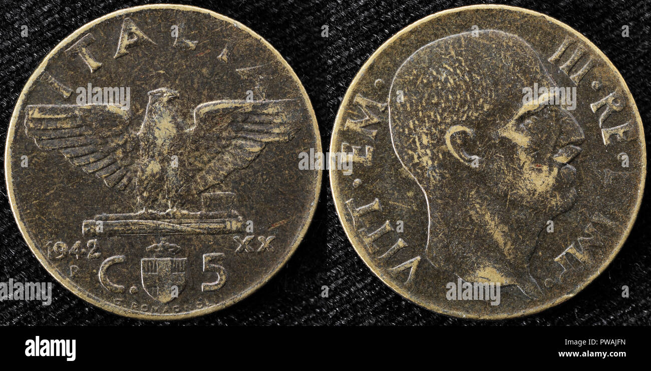 5 Centesimi Münze, König Victor Emmanuel III., Italien, 1942 Stockfoto