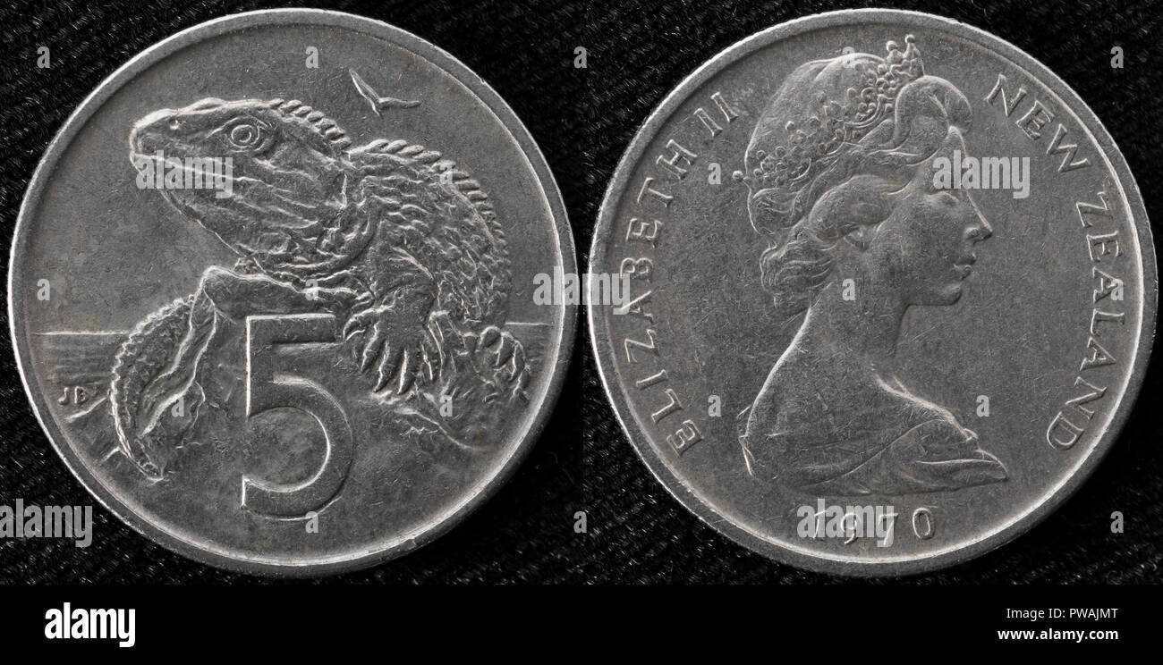5 Cent Münze, Tuatara, Neuseeland, 1970 Stockfoto