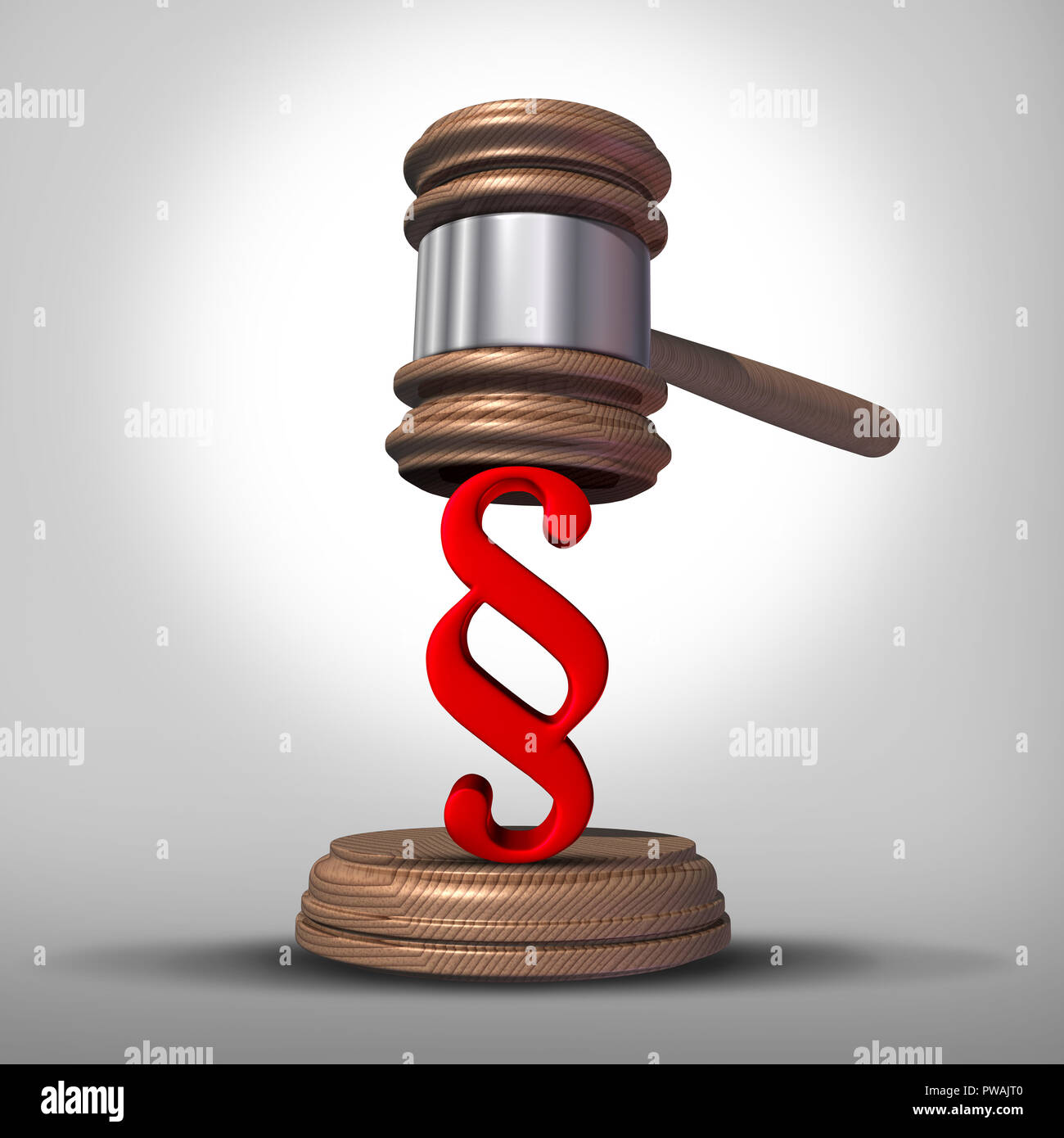 Gesetz Absatz anmelden Rechtliche Symbol als Richter Hammer oder Gerechtigkeit Mallet mit einem schiedsverfahren oder Rechtsvorschriften Symbol als 3D-Render. Stockfoto