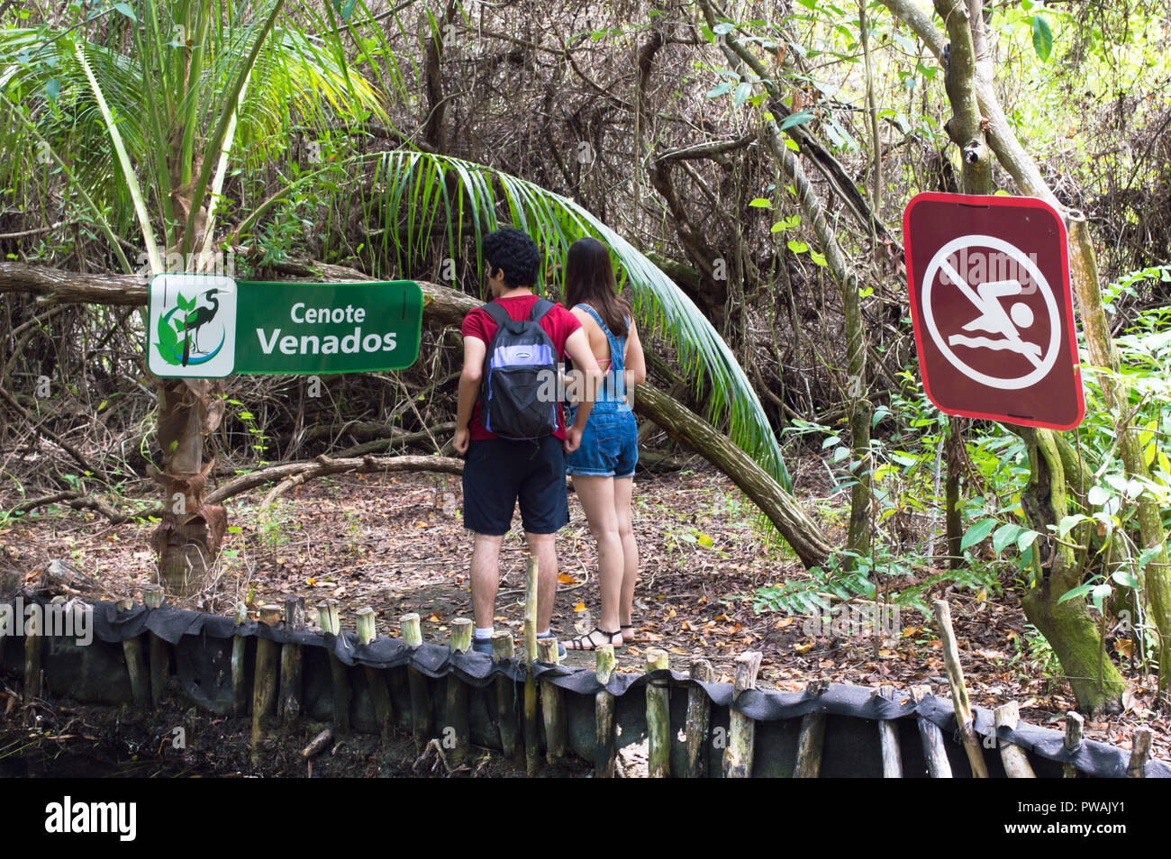 Junges Paar besuchen Cenote von Venados an Corchiito, Yucatan. Stockfoto