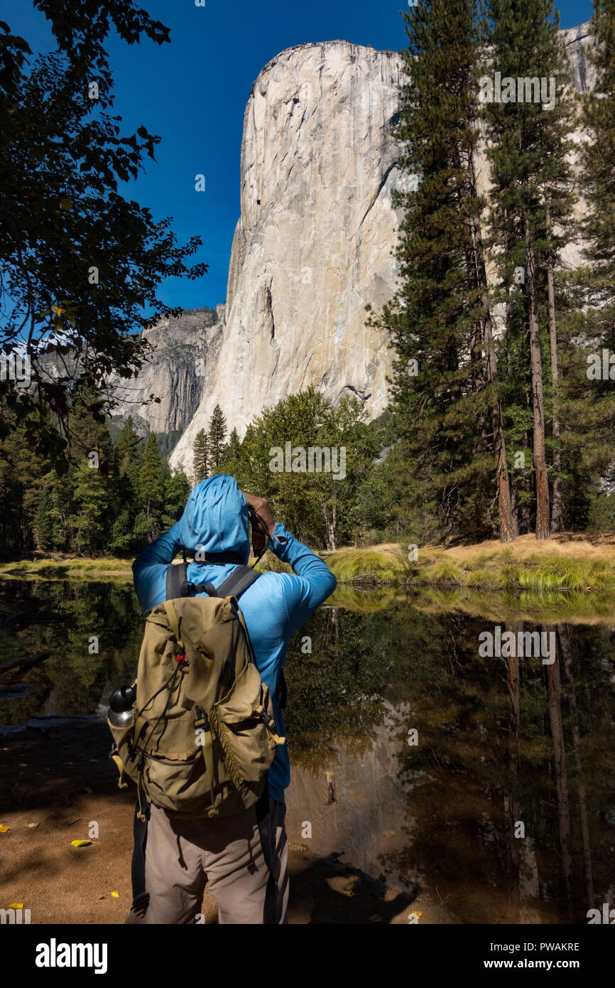 Die beeindruckenden Felsformationen des El Capitan in einem Pool von Wasser im Yosemite Valley, Yosemite National Park, Kalifornien, USA widerspiegelt Stockfoto
