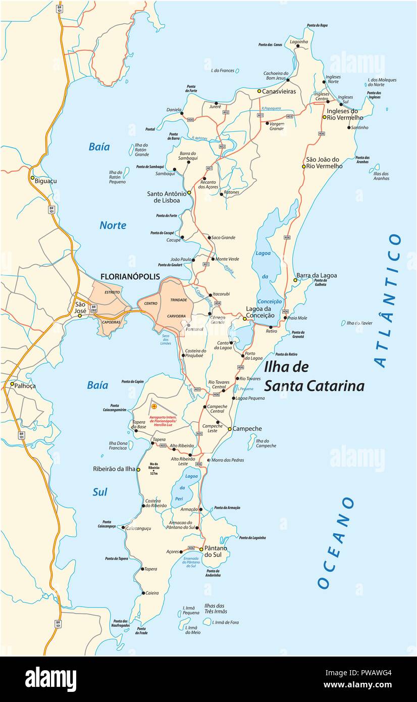 Detaillierte Strassenkarte der Brasilianischen Insel Santa Catarina, Santa Catarina, Brasilien Stock Vektor
