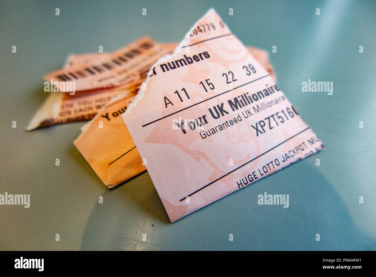 Ein zerrissen Lottery ticket, zerfetzte in viele Stücke Stockfoto