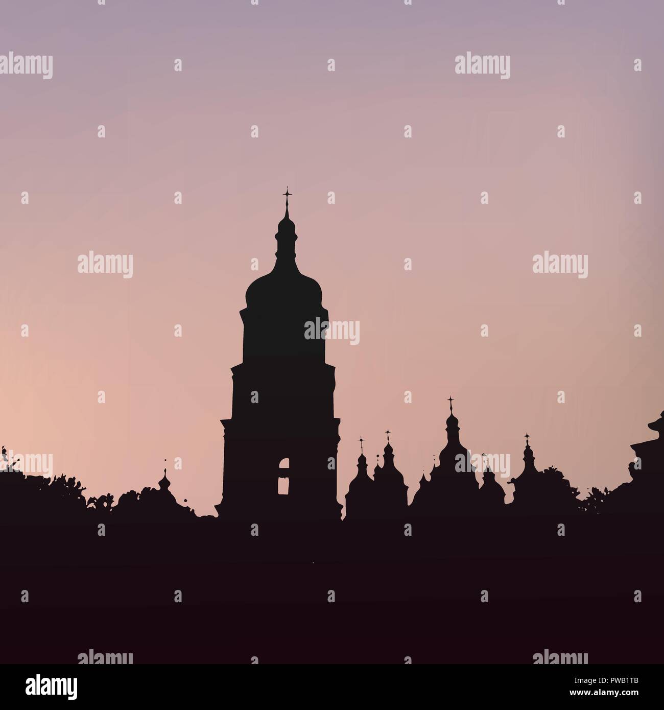 Silhouette von Saint Sophia's Cathedral in Kiew. Horizont Linie auf den Sonnenuntergang. Kirche Architektur Skyline Vektor. Stock Vektor