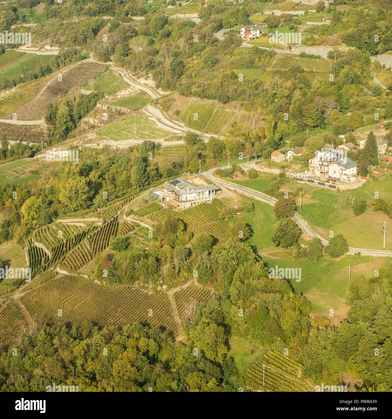 Les Granges Bio-Weinberg (unten Mitte) in der Nähe von Nus & Fenis von oben gesehen, Aostatal Region NW Italien. Stockfoto