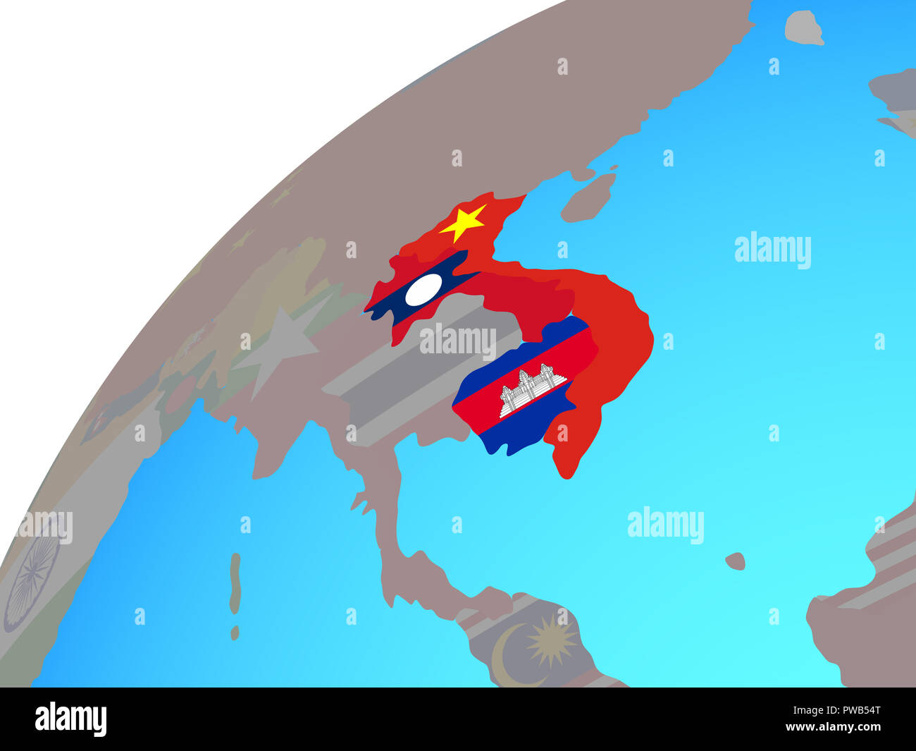 Indochina mit eingebetteten nationale Flaggen auf der ganzen Welt. 3D-Darstellung. Stockfoto