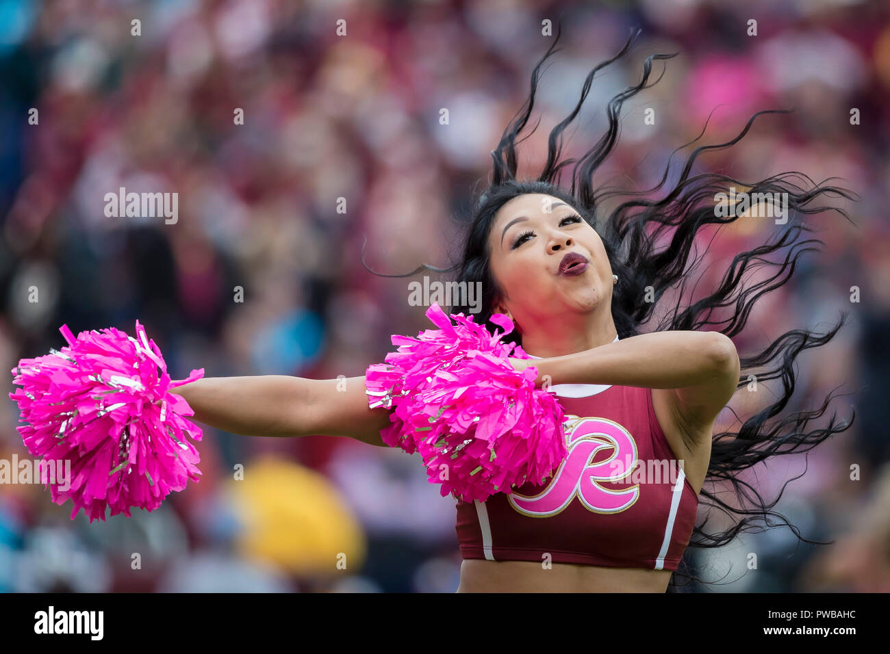 Landover, Maryland, USA. 14 Okt, 2018. Ein Washington Redskins Cheerleader führt während der NFL Spiel zwischen den Carolina Panthers und die Washington Redskins an FedExField in Landover, Maryland. Scott Taetsch/CSM/Alamy leben Nachrichten Stockfoto