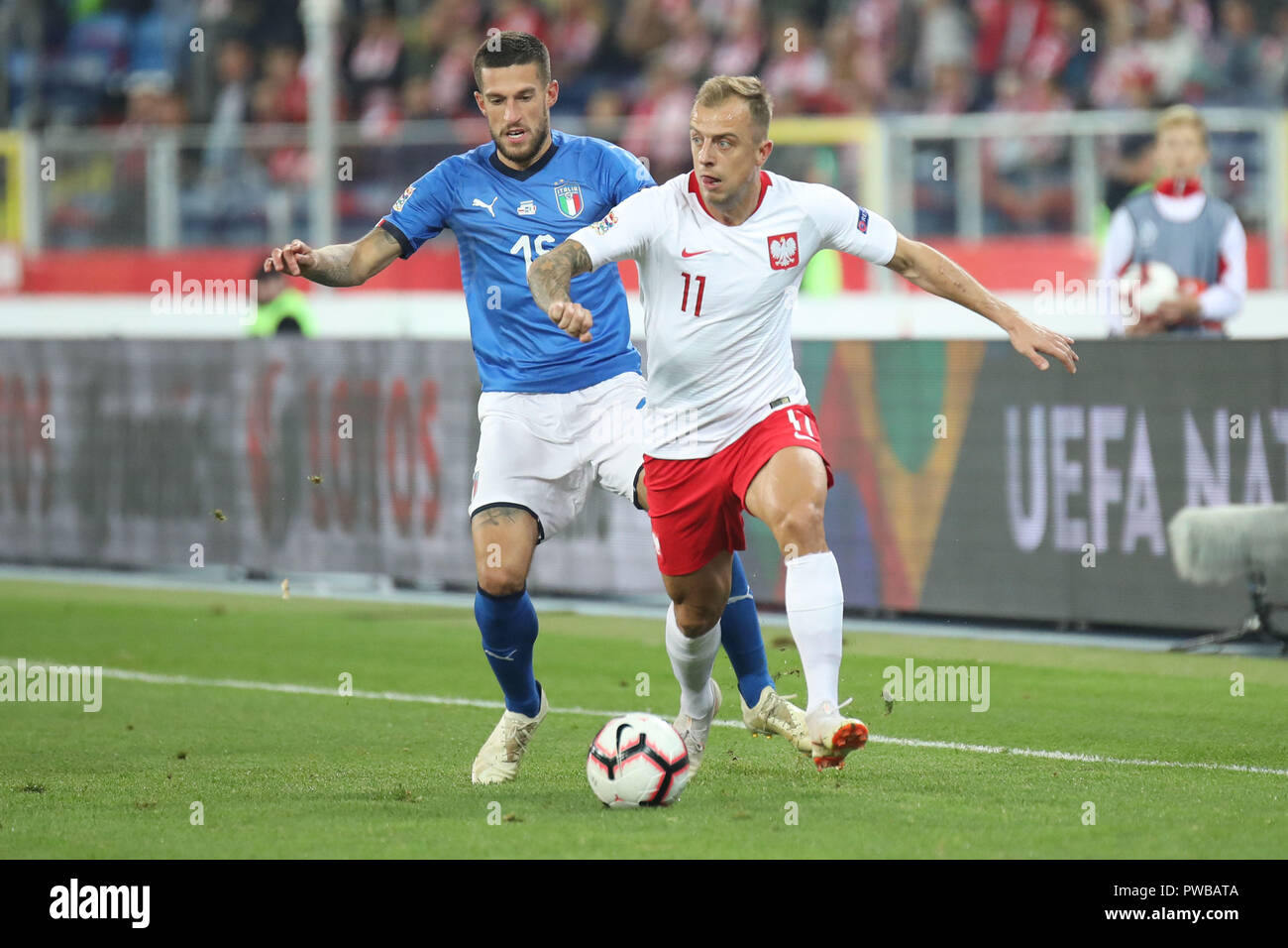 CHORZOW, Polen - 14. OKTOBER 2018: UEFA Nationen Liga 2019: Polen - Italien o/p Kamil Grosicki, Cristiano Biarghi Credit: Marcin Kadziolka/Alamy leben Nachrichten Stockfoto