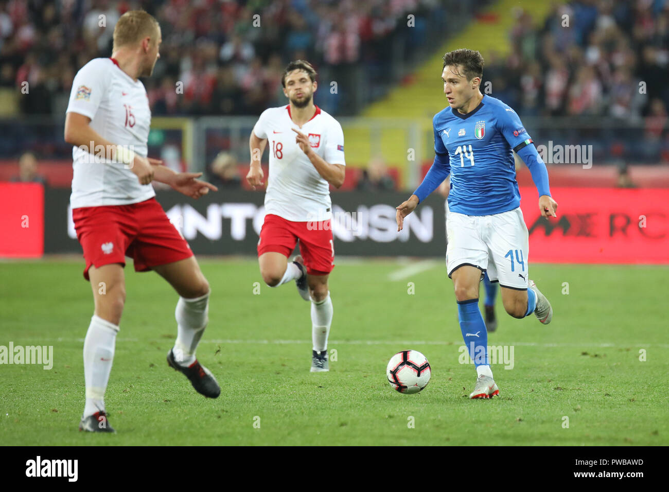 CHORZOW, Polen - 14. OKTOBER 2018: UEFA Nationen Liga 2019: Polen - Italien o/p Federico Chiesa Credit: Marcin Kadziolka/Alamy leben Nachrichten Stockfoto