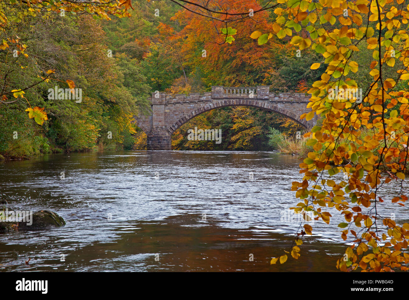 West Lothian, Schottland, Großbritannien. 15. Oktober 2018. Almondell und Calderwood Country Park mit einigen der Herbst Farbe, mit der die Nasmyth Brücke über den Fluss Mandel Stockfoto