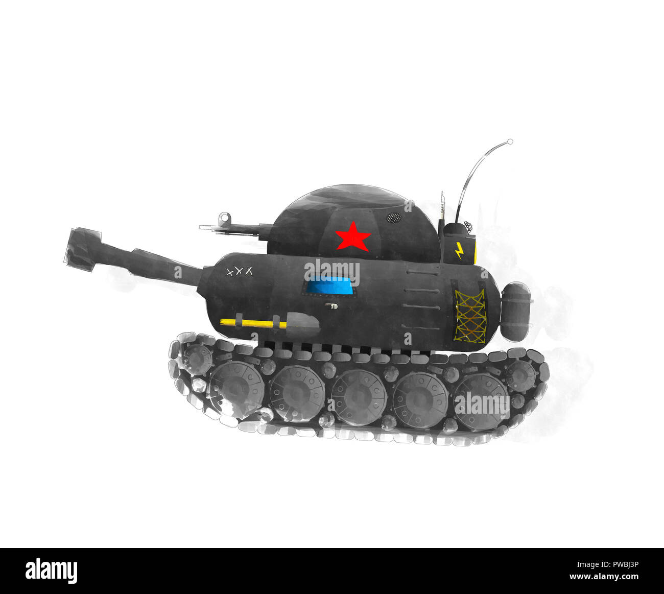 Aquarell toy Tank auf weißem Hintergrund Stockfoto