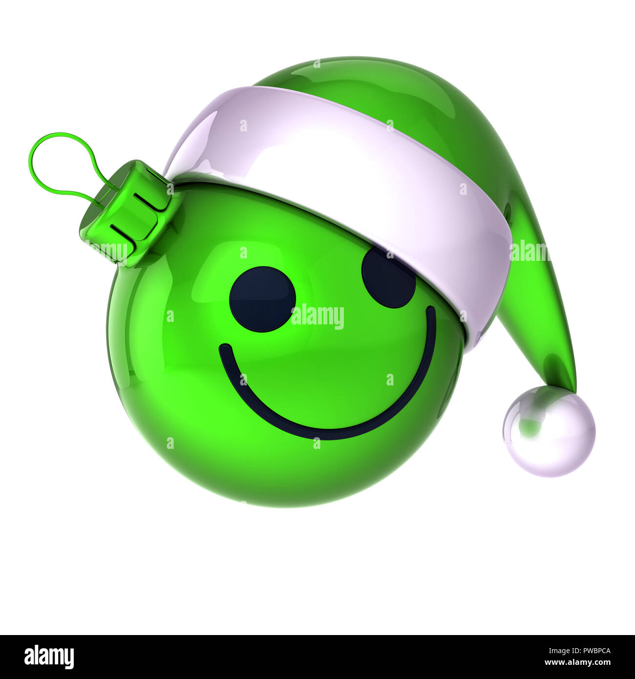 Weihnachten Kugel lächelndes Gesicht Emoticon. Silvester Tag  weihnachtskugel Santa Claus hat cartoon Dekoration niedlich Grün.  Freundliche lustige Person lacht Cha Stockfotografie - Alamy