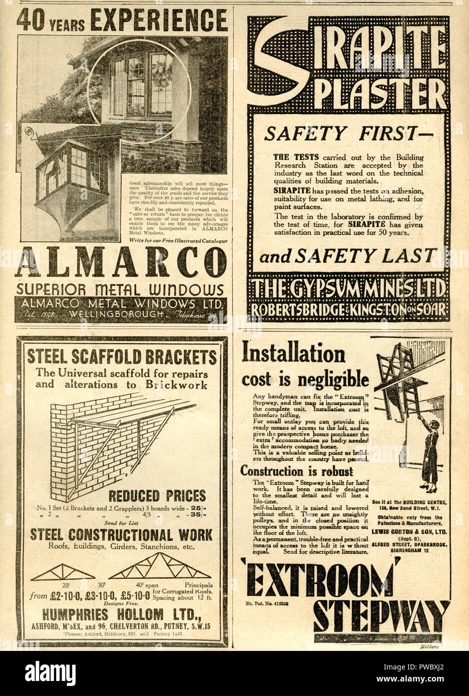 Vintage Werbung Auswahl für Hardware-Werkzeuge und Baumaterialien und Dienstleistungen datiert 17. Januar 1936 in der Zeitschrift Illustrated Zimmermann und Baumeister Stockfoto