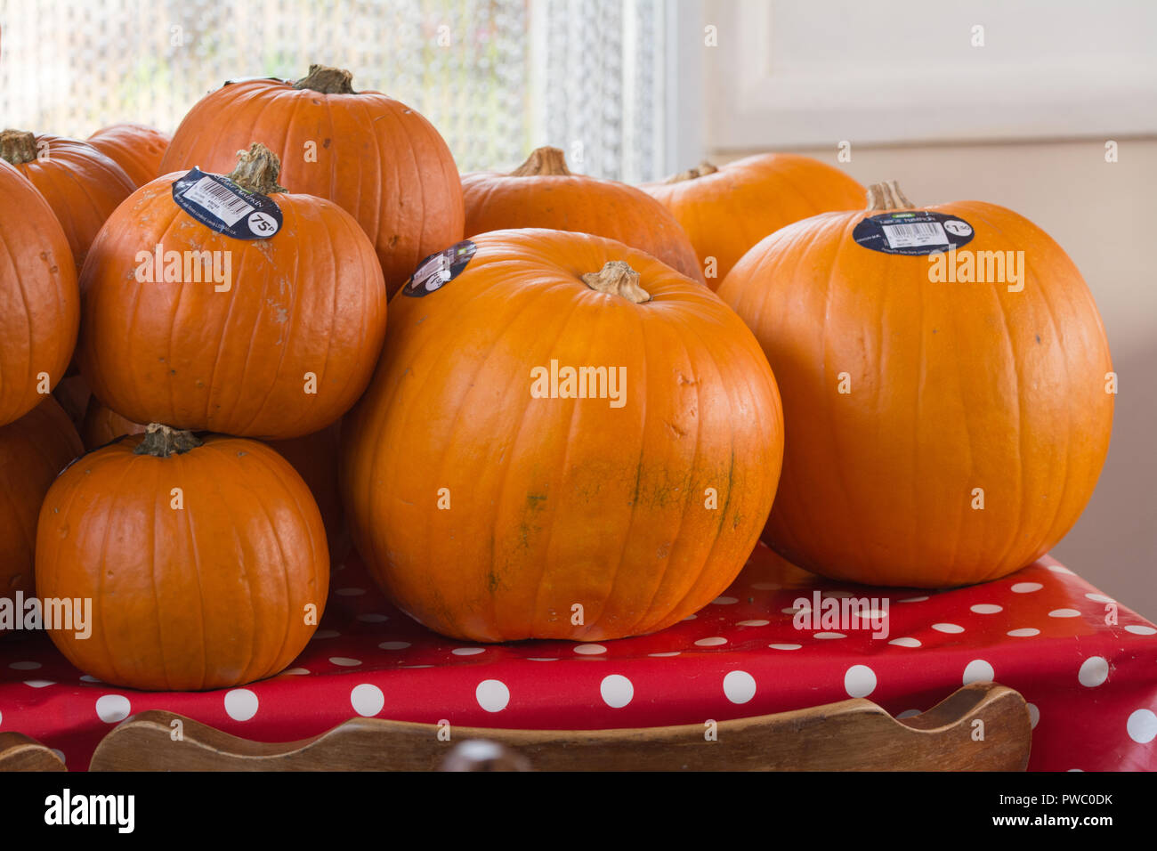 Stapel der Kürbisse auf einem Tisch - Halloween Feier Zubereitungen Stockfoto