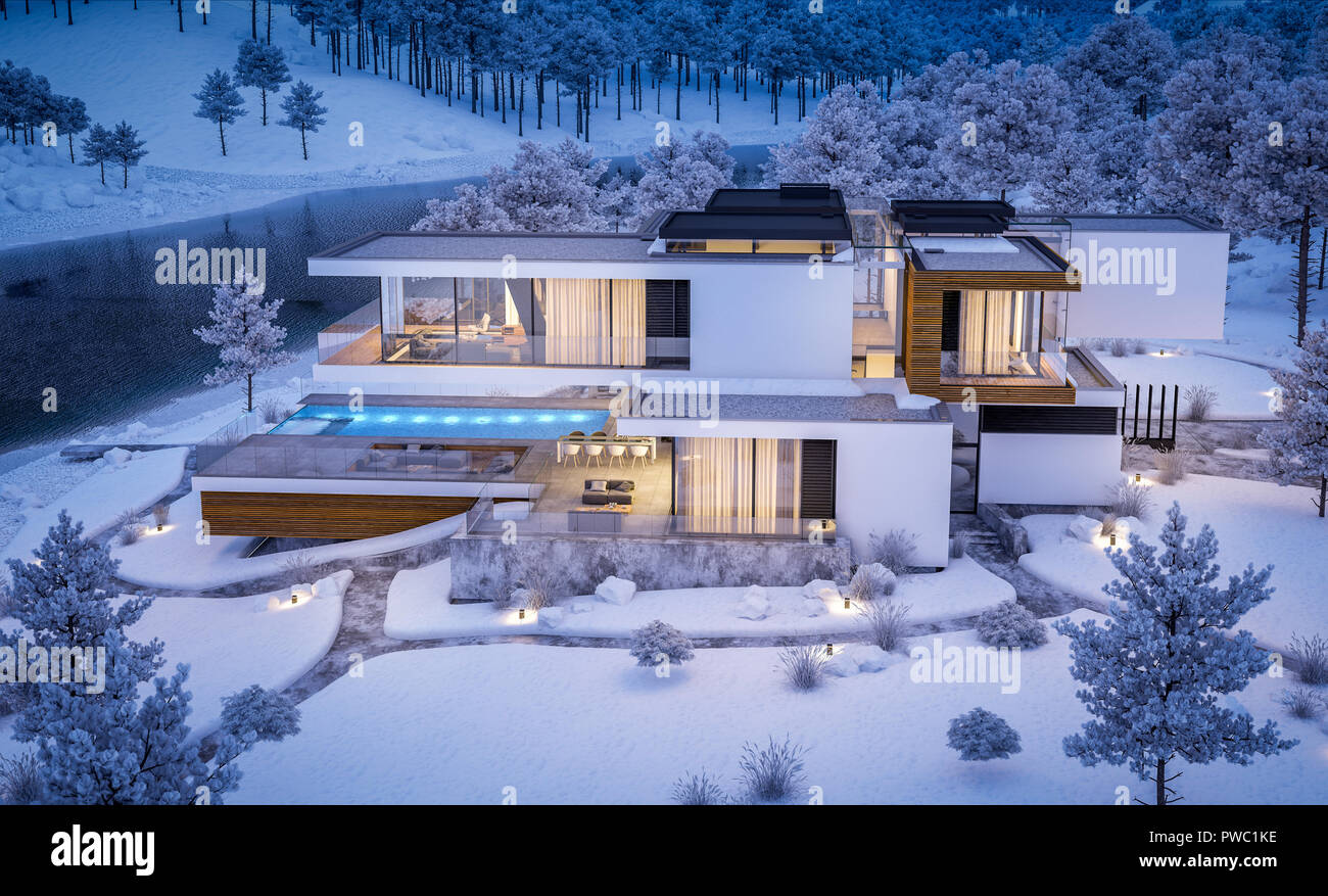 3d Rendering Des Modernen Gemutliches Haus Am Fluss Mit Garage Kuhle Winternacht Mit Gemutlichen Warmen Licht Von Windows Zum Verkauf Oder Zur Miete Mit Schonen Berg Stockfotografie Alamy