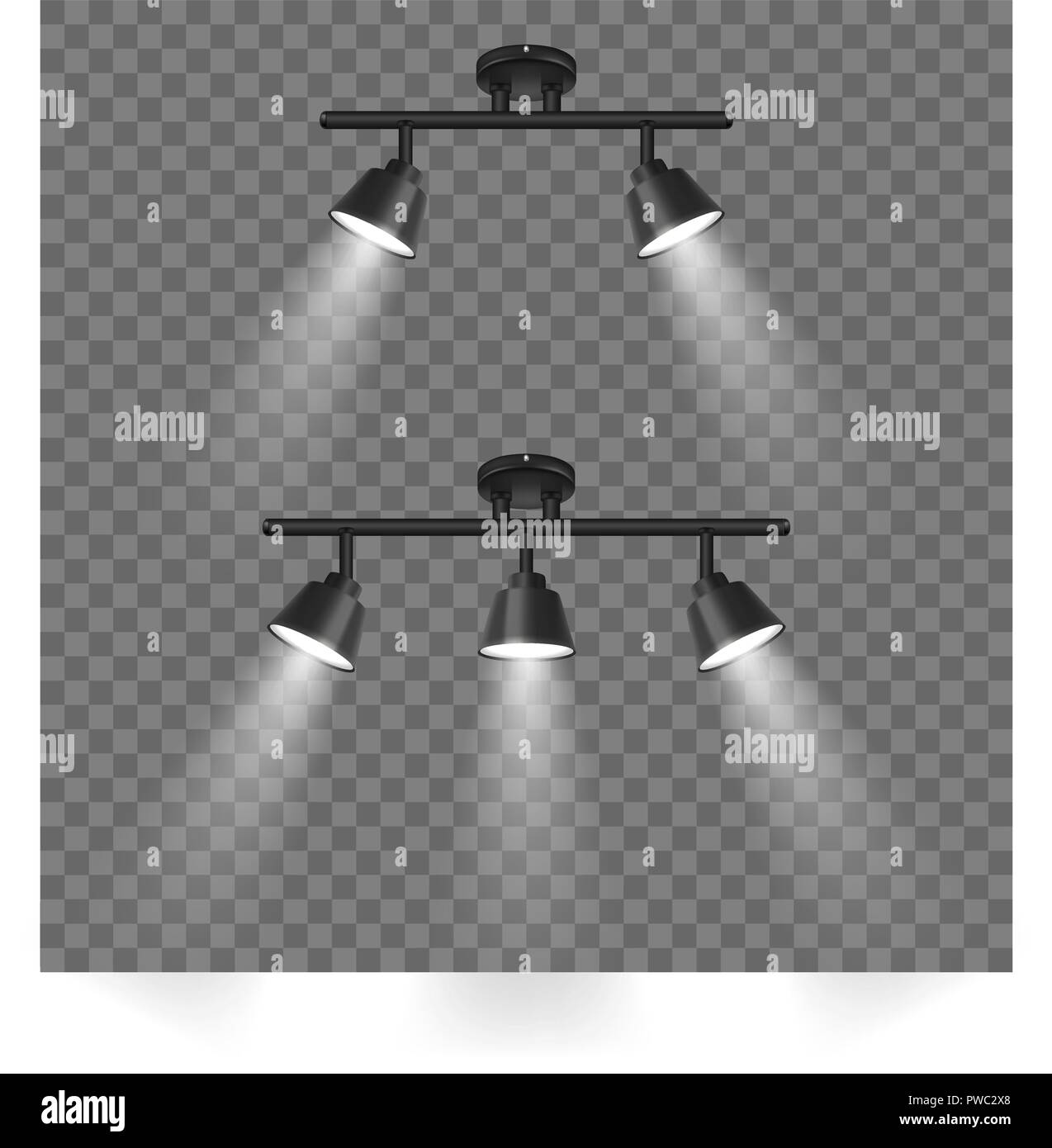Vektor realistische 3D-Schwarzen Strahler in verschiedenen Pisten Closeup isoliert auf Transparenten Hintergrund. Design Template von Hell leuchtende Flecken mit kleines Lifting Effekt für die Zeremonie, Show, Bühne etc. Stock Vektor