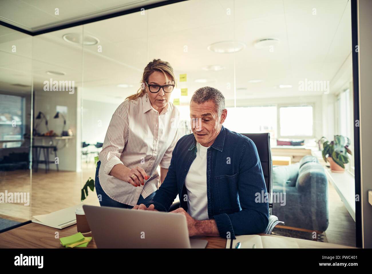 Zwei reife Geschäftsleute sprechen gemeinsam über einen Laptop an einem Schreibtisch in einem modernen Büro arbeiten Stockfoto