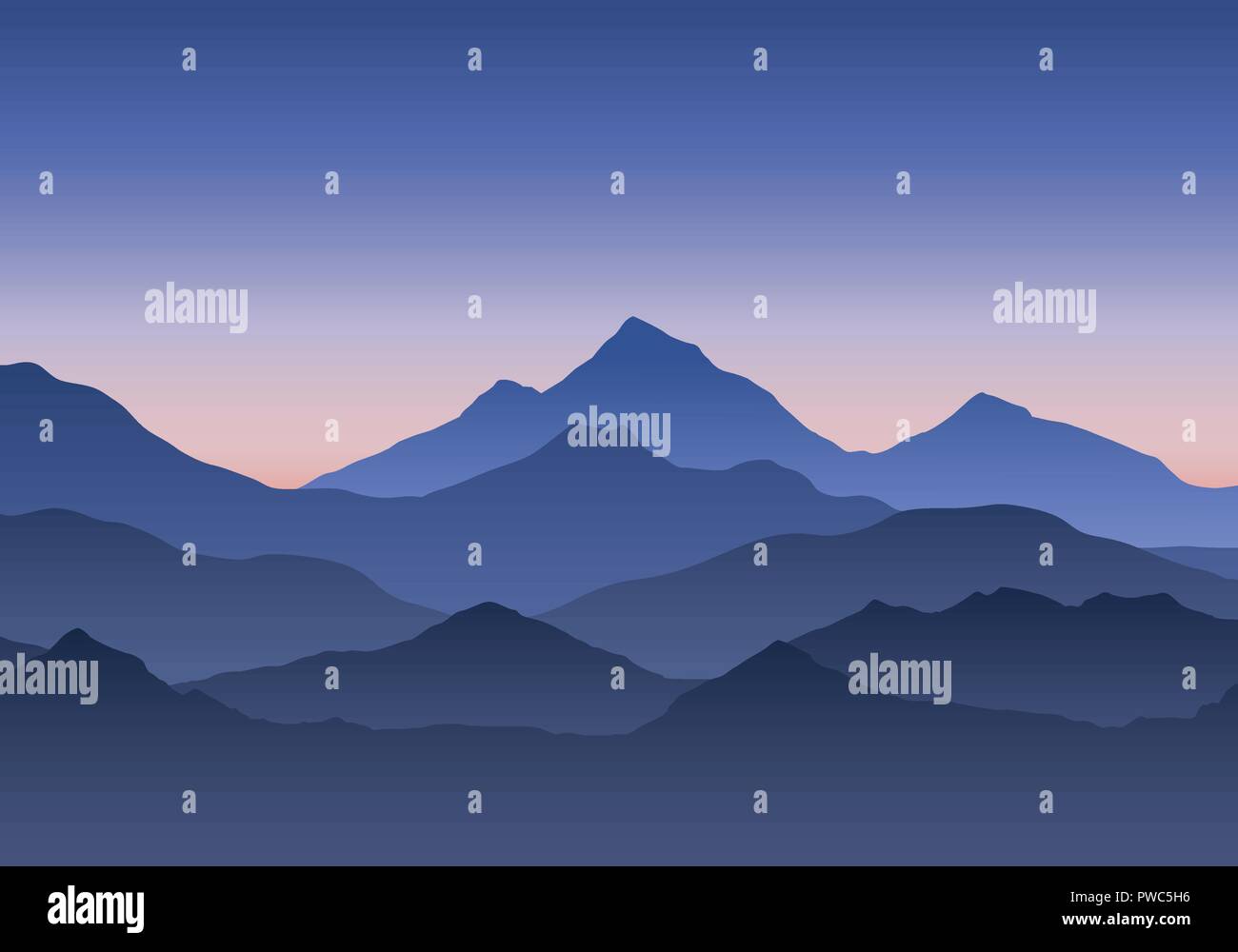 Abbildung: Berglandschaft unter blauen Morgen oder Abend Himmel mit Sonnenaufgang oder Sonnenuntergang-Vektor Stock Vektor
