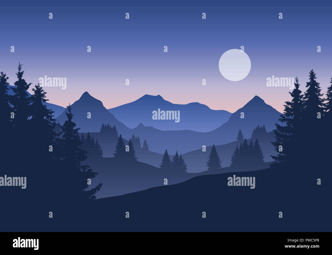 Abbildung: Berglandschaft mit Wald unter blauen Morgen oder Abend Himmel mit Monden, Sonnenaufgang oder Sonnenuntergang-Vektor Stock Vektor