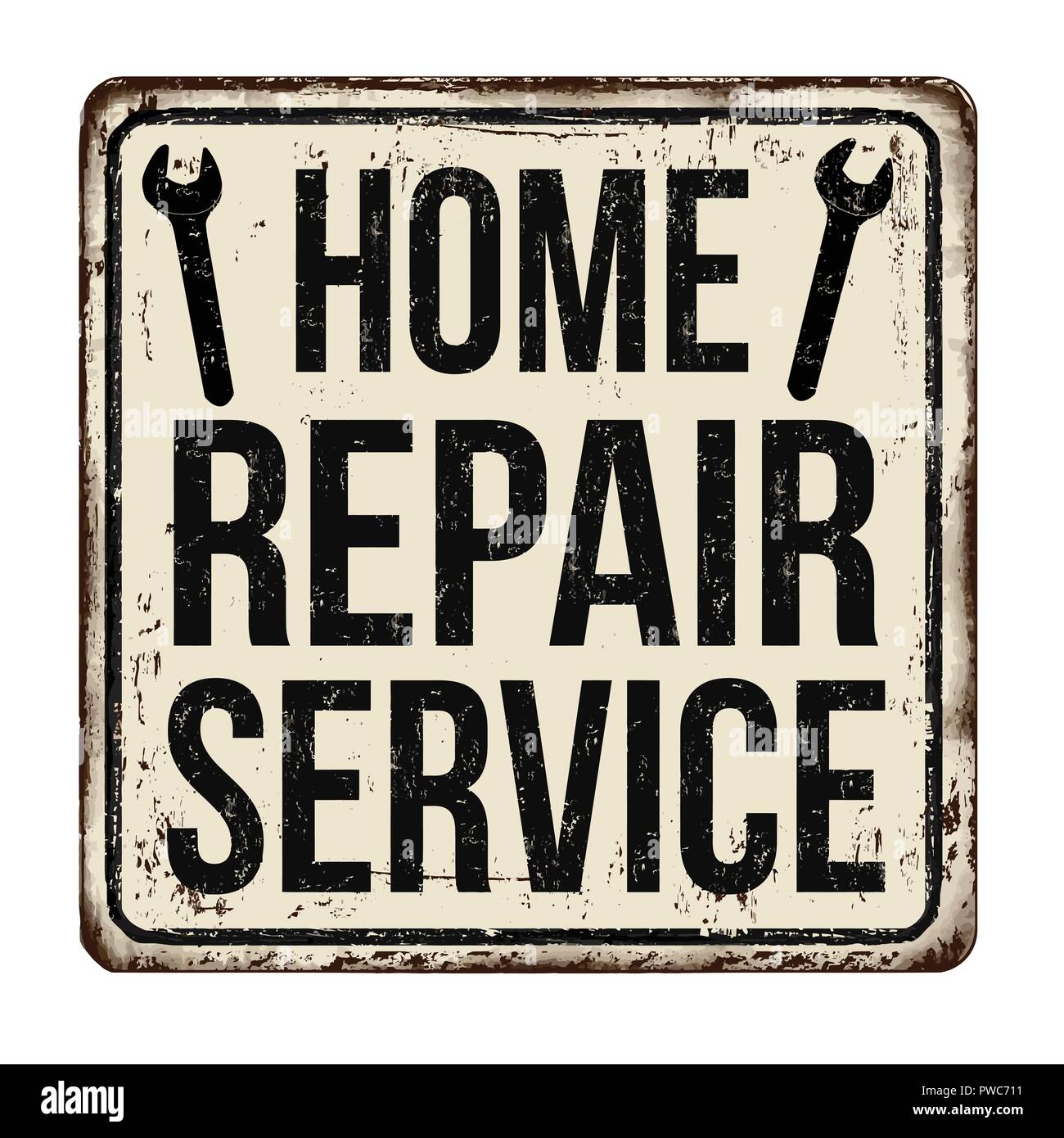 Home Reparatur Service Oldtimer rostiges Metall Zeichen auf weißem Hintergrund, Vector Illustration Stock Vektor