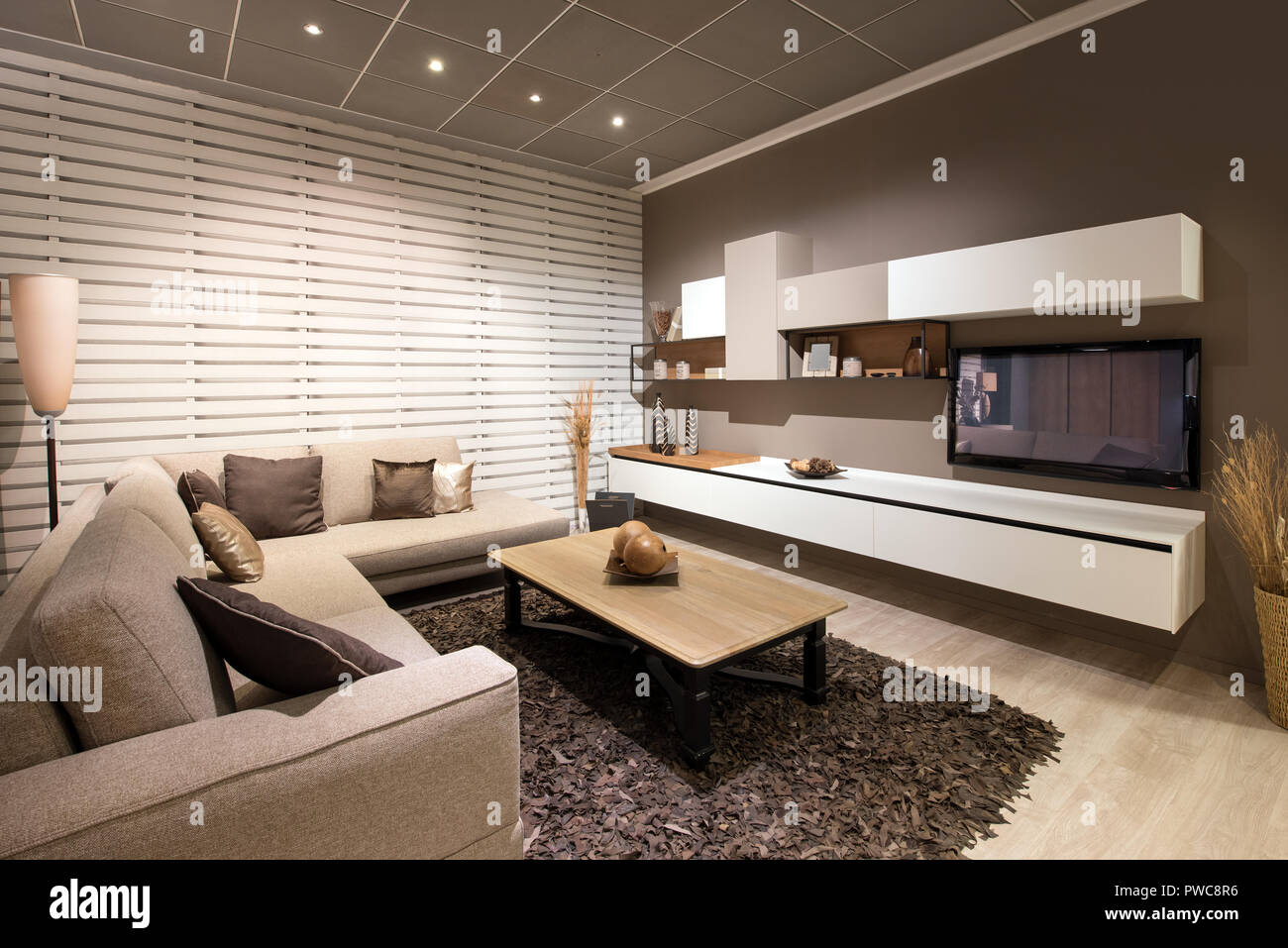 Elegantes Wohnzimmer Interieur mit hölzernen Tisch Stockfoto