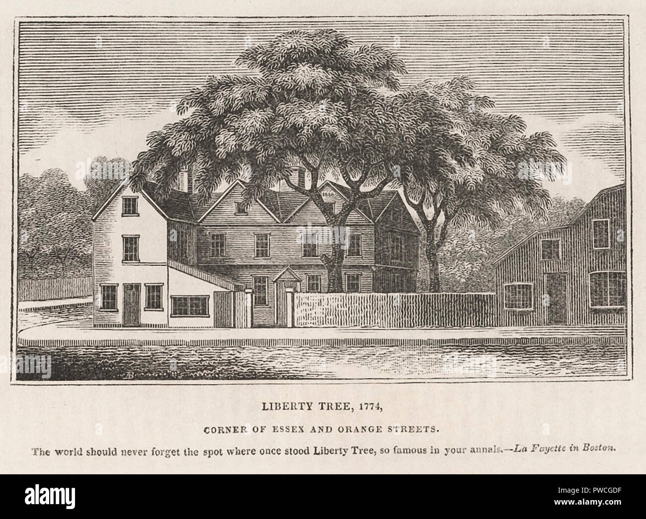 Liberty Tree, 1774 - Ecke von Essex und Orange Straßen - Boston Stockfoto