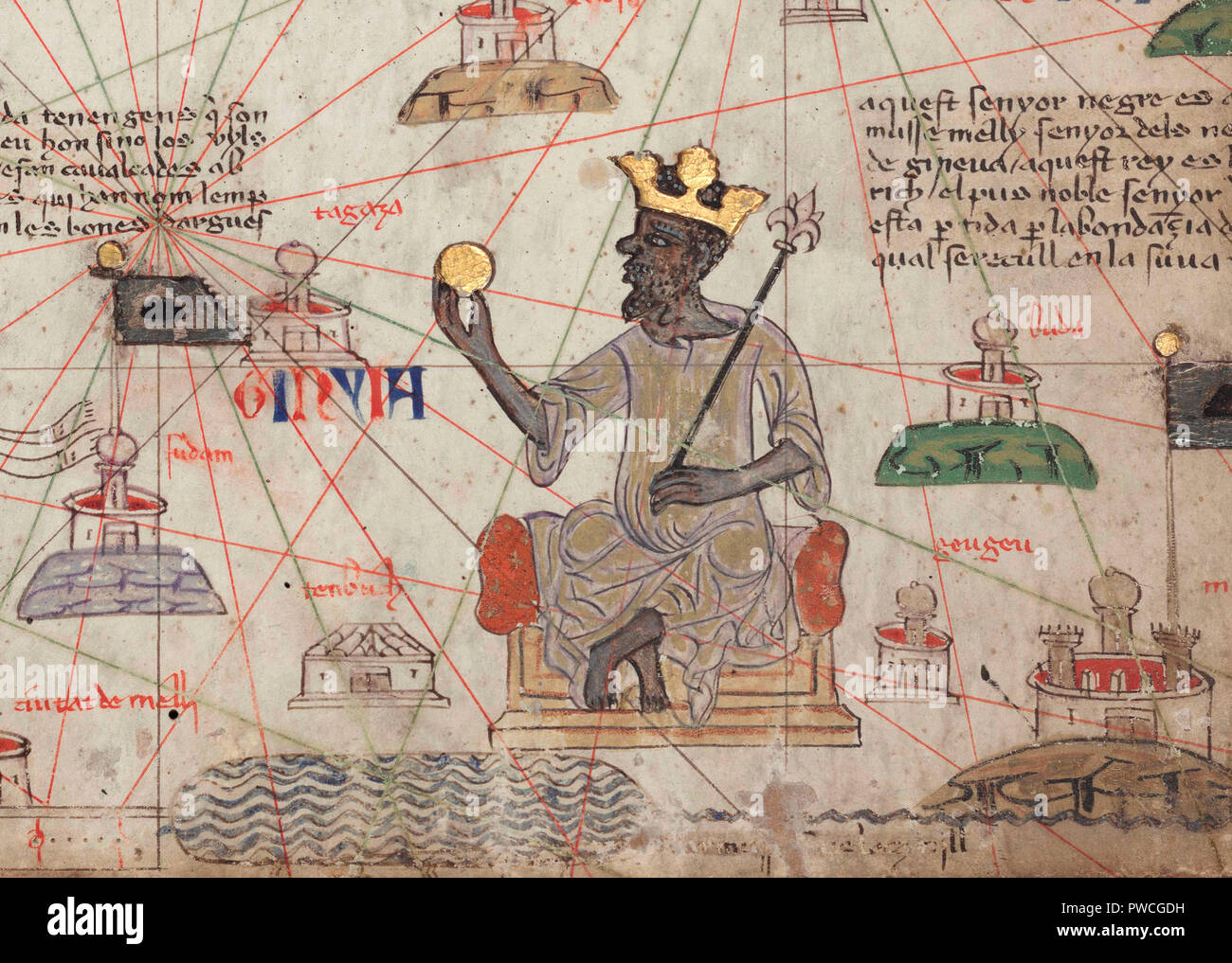 Aus dem Katalanischen Atlas Blatt 6 Übersicht Mansa Musa, 1375 Detail Stockfoto
