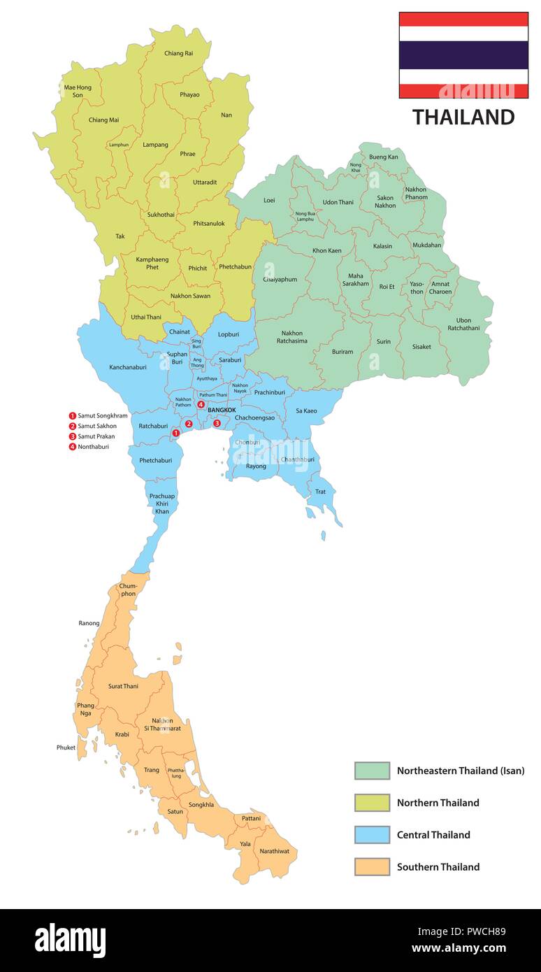Provinzen und Regionen Vektorkarte des Königreichs Thailand mit Fahne. Stock Vektor
