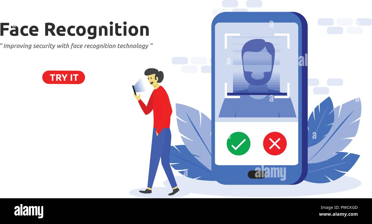 Gesichtserkennungstechnologie Konzept moderne flache Bauform. Gesichtserkennung Screen Lock mobile App. Vector Illustration Stock Vektor
