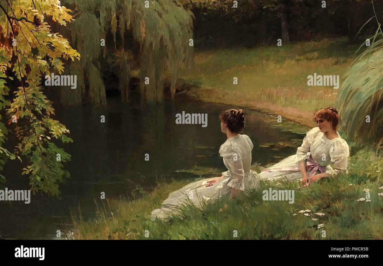 Adan Louis Emile - Elegante Damen in Ruhe neben einem Teich Stockfoto