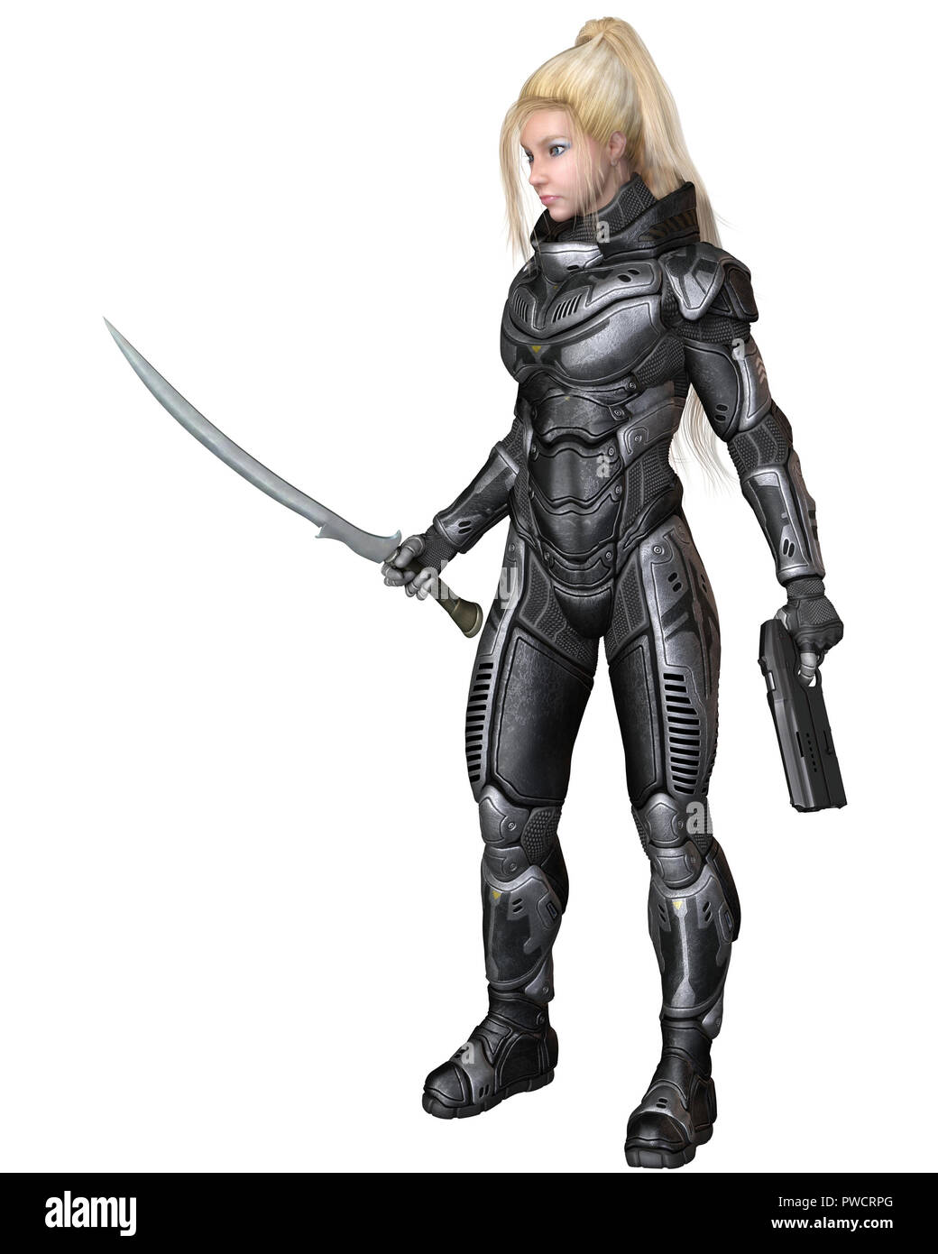 Infanterist der Zukunft, blonde Frau, stehend Stockfoto